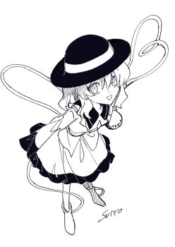 1girl boots buttons collared_shirt commentary diamond_button eyeball frilled_shirt_collar frilled_skirt frilled_sleeves frills full_body greyscale heart heart_of_string highres komeiji_koishi long_hair long_sleeves monochrome open_mouth shirt signature skirt smile solo third_eye touhou uehara_suiyo wide_sleeves