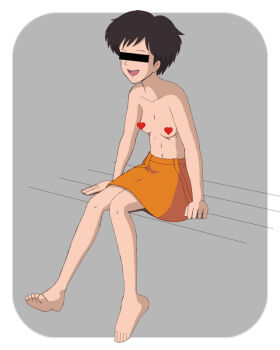 1girl arm_support bar_censor barefoot black_hair breasts censored censored_identity collarbone grey_background heart heart_censor hirotel kusakabe_satsuki navel open_mouth orange_skirt short_hair sitting skirt small_breasts smile studio_ghibli teeth tonari_no_totoro topless_female