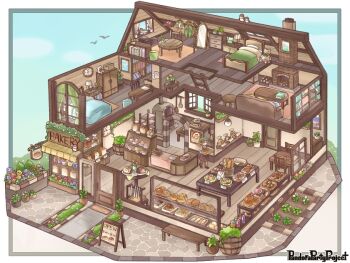 1girl analog_clock apron baguette bakery bed bird black_apron blanket bread brown_shoes chigu clock closed_mouth closet collared_shirt commentary_request cookie copyright_name curtains day drawer fireplace floorplan food green_headscarf headscarf holding holding_tray house kitchen ladder lamp long_sleeves mirror official_art oven pandora_party_project pillow plant potted_plant shirt shoes shop sign simple_bird smile standing table tray walking white_shirt window wooden_floor