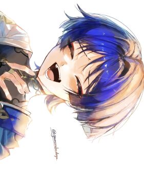 Rule 34 | 1boy, black bodysuit, blue cape, blue hair, blunt ends, blush, bodysuit, cape, closed eyes, commentary request, eyelashes, eyeliner, eyeshadow, facing viewer, genshin impact, gold ring, gunocha, hair intakes, hand on own chest, highres, japanese clothes, kimono, makeup, male focus, mandarin collar, middle ring, open mouth, pink nails, red eyeliner, red eyeshadow, scaramouche (genshin impact), shoulder peek, sideways, solo, teeth, tongue, twitter username, wanderer (genshin impact), white background, white kimono