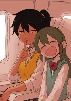 2girls aged_down aircraft airplane airplane_interior aqua_sweater_vest armrest black_hair blush bow bowtie collared_shirt commentary dark-skinned_female dark_skin drooling fang finger_to_mouth green_eyes green_hair hair_between_eyes hair_down highres igarashi_futaba index_finger_raised kurobe_natsumi long_sleeves looking_at_viewer medium_hair multiple_girls parted_lips ponytail senpai_ga_uzai_kouhai_no_hanashi shiromanta shirt short_hair shushing sitting sleeping slit_pupils smile sweater_vest tan white_shirt yellow_eyes yellow_sweater_vest