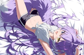 1girl :d black_shorts blue_eyes chyanu colored_tips dolphin_shorts fang fox_girl fox_tail heterochromia long_hair looking_at_viewer lying midriff multicolored_hair navel on_back open_mouth purple_hair shirt short_sleeves shorts smile stellive stomach tail tenko_shibuki tied_shirt very_long_hair virtual_youtuber white_hair white_shirt yellow_eyes