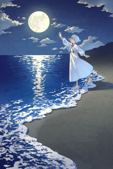 1girl arm_up barefoot beach cloud commentary_request dress from_side full_body full_moon highres horizon ito_yoshi long_sleeves moon neck_ribbon night nightgown ocean original outdoors profile red_ribbon ribbon scenery short_hair signature sky solo walking white_dress white_hair