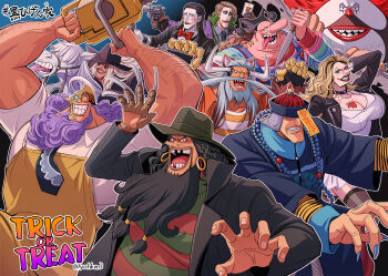 1girl 6+boys a_nightmare_on_elm_street aqua_hair aura avalo_pizarro batman_(series) beard black_hair blackbeard blonde_hair breasts catarina_devon child&#039;s_play chinese_clothes chucky_(cosplay) claw_pose clown coat cosplay dc_comics devil_fruit doc_q earrings eating english_text everyone evil_smile facial_hair fake_horns fat fat_man freddy_krueger_(cosplay) glasses grin gun halloween halloween_costume hat helmet highres holding holding_gun holding_weapon hook_hand hoop_earrings horns horse it_(stephen_king) jesus_burgess jewelry jiangshi jiangshi_costume jigsaw_(character) joker_(dc)_(cosplay) knife lafitte_(one_piece) large_breasts leatherface_(cosplay) long_hair looking_at_viewer makeup marshall_d._teach multiple_boys muscular necklace one_piece open_mouth outstretched_arms pale_skin parody pectorals pennywise_(cosplay) piercing pirate purple_hair sanjuan_wolf sash saw_(movie) shiryuu_(one_piece) sick smile smoke smoking stronger_(one_piece) stubble sword teeth the_texas_chainsaw_massacre tiffany_(bride_of_chucky) tiffany_(bride_of_chucky)_(cosplay) translation_request twitter_username van_augur vasco_shot very_long_hair weapon youkan_(tako) zombie_pose