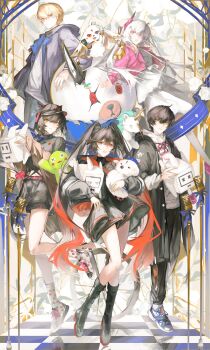 2boys 3girls :d abby_(wuthering_waves) absurdres animal_ear_headwear anko_(renzao19823) badge baggy_pants bare_legs baseball_cap black_boots black_coat black_dress black_hair black_hat black_jacket black_shirt blonde_hair blue_eyes boots brown_jacket button_badge checkered_floor chinese_commentary clothes_writing coat commentary dress earrings fake_animal_ears female_rover_(wuthering_waves) floral_background flower food_print fruit_print gold_earrings gradient_hair hair_between_eyes hair_ornament hairclip hat headgear highres holding holding_money hood hood_down hooded_coat hooded_jacket hoodie jacket jewelry kuro_games layered_skirt lee_(pgr) liv_(pgr) long_hair looking_at_viewer lucia_(pgr) male_rover_(wuthering_waves) microphone midriff money multicolored_hair multiple_boys multiple_girls navel off_shoulder open_clothes open_coat open_jacket open_mouth pants pink_eyes pink_jacket print_hoodie print_socks punishing:_gray_raven red_eyes red_hair reflective_floor ribbon rose rover_(wuthering_waves) see-through_clothes see-through_footwear shirt shoes short_hair short_shorts shorts skirt sleeves_past_wrists smile sneakers socks strawberry_print streaked_hair stuffed_animal stuffed_frog stuffed_toy stuffed_unicorn t-shirt tacet_mark_(wuthering_waves) teddy_bear tile_floor tiles toy_robot triangle_earrings twintails unicycle very_long_hair white_dress white_flower white_hair white_hoodie white_rose white_shirt white_socks wuthering_waves yellow_eyes