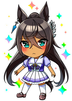 1girl animal_ears black_hair blue_eyes blush bow bowtie breasts chibi chibi_only closed_mouth commentary_request dark-skinned_female dark_skin earrings frown full_body hair_between_eyes highres horse_ears horse_girl horse_tail jewelry large_breasts long_hair looking_at_viewer pleated_skirt ponytail puffy_short_sleeves puffy_sleeves purple_bow purple_bowtie purple_shirt sailor_collar sailor_shirt school_uniform shirt shoes short_sleeves single_earring skirt solo split_ponytail sugimotty_nova symboli_kris_s_(umamusume) tail thighhighs tracen_school_uniform umamusume white_sailor_collar white_skirt white_thighhighs zettai_ryouiki