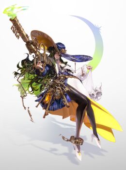 1girl absurdres ankle_cuffs belt breasts chain cleavage cuffs dress fire full_body green_eyes green_hair gun hat high_heels highres holding holding_weapon key kkxmxx long_hair looking_at_viewer original oversized_object pantyhose shackles shadow solo weapon white_background