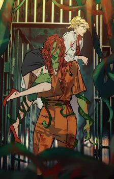 Rule 34 | 2girls, absurdres, batman (series), black skirt, blonde hair, blood, blood on clothes, blood on hands, cbb (tuucoo), coat, colored skin, commentary request, dc comics, glasses, green lips, green skin, hanging legs, harley quinn, harley quinn (cartoon), harley quinn (series), highres, jumpsuit, lab coat, lifting person, long hair, medical scrubs, miniskirt, multiple girls, muscular, muscular female, open mouth, orange jumpsuit, orange pants, pants, plant, poison ivy, prison, prison cell, prison clothes, prisoner, psychiatrist, red hair, red shoes, scared, shirt, shoes, skirt, sweat, tall female, vines, white coat, yuri