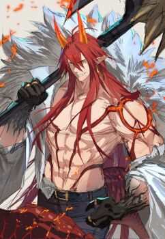 Rule 34 | 1boy, brown background, brown pants, claws, collared jacket, colored extremities, cowboy shot, dragon boy, dragon horns, dragon tail, earrings, embers, fangs, fur trim, grin, hair between eyes, hand up, high collar, highres, holding, holding weapon, hoop earrings, horns, jacket, jacket partially removed, jewelry, leviair, long hair, looking at viewer, male focus, midriff, multiple rings, muscular, muscular male, orange horns, original, over shoulder, pants, pointy ears, red hair, ring, sharp teeth, sidelocks, simple background, slit pupils, smile, solo, standing, tail, teeth, topless male, weapon, weapon over shoulder, yellow eyes