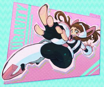 1girl artist_name ass ass_focus belt black_bodysuit blush_stickers bodysuit boku_no_hero_academia boots brown_eyes brown_hair female_focus highres looking_at_viewer looking_back matching_hair/eyes multicolored_bodysuit pink_bodysuit saguinee skin_tight solo superhero_costume uraraka_ochako white_bodysuit