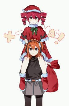 2girls a.i._voice adachi_rei antlers belt boots capelet carrying christmas commentary dress drill_hair fake_antlers fur-trimmed_boots fur-trimmed_capelet fur-trimmed_dress fur_collar fur_trim hat headphones highres holding holding_sack horns kasane_teto looking_up multiple_girls one_side_up open_mouth orange_eyes orange_hair pantyhose pink_hair pleated_skirt red_eyes reindeer_antlers sack samsap santa_costume santa_dress santa_hat shoulder_carry skirt sweat twin_drills utau