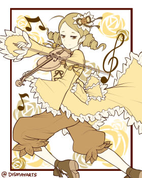 Rule 34 | 1girl, blonde hair, boots, bow (music), dismayarts, drill hair, flower, frills, hair flower, hair ornament, highres, holding, holding instrument, holding violin, instrument, kanaria, lolita fashion, long sleeves, music, musical note, partially colored, playing instrument, ribbon, rozen maiden, shirt, short hair, shorts, solo, twin drills, violin, white background, yellow eyes, yellow shirt, yellow shorts
