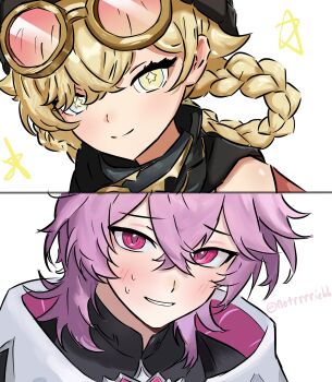 1boy 1girl absurdres black_collar black_scarf blonde_hair blush braid braided_hair_rings closed_mouth collar crossed_bangs eyewear_on_head genshin_impact hair_between_eyes hair_rings hetero highres jahoda_(genshin_impact) looking_at_viewer mandarin_collar mini_durin_(genshin_impact) mini_durin_(human)_(genshin_impact) nervous_smile notrrrrichh parted_lips pink-tinted_eyewear pink_eyes round_eyewear scarf short_hair single_bare_shoulder smile split_mouth split_screen star-shaped_pupils star_(symbol) sweat symbol-shaped_pupils tinted_eyewear tsurime twitter_username white_background white_collar white_mouth yellow-framed_eyewear yellow_eyes