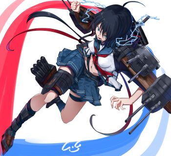 1girl absurdres adapted_turret ahoge aircraft_catapult anti-aircraft anti-aircraft_gun black_hair blue_eyes blue_sailor_collar blue_skirt breasts elbow_gloves gegesan gloves glowing glowing_eye hair_ornament hair_over_one_eye hairclip highres kako_(kancolle) kako_kai_ni_(kancolle) kantai_collection kerchief long_hair mast messy_hair navel neckerchief pleated_skirt ponytail red_neckerchief ribbon rigging rudder_footwear sailor_collar school_uniform serafuku short_hair signature single_elbow_glove skirt solo torpedo_tubes white_background
