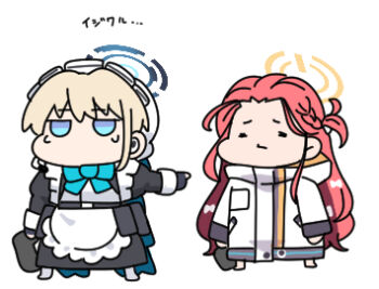 2girls barefoot black_dress black_gloves blonde_hair blue_archive blue_bow blue_eyes bow braid bun_cover chibi closed_eyes closed_mouth commentary dress fingerless_gloves forehead gloves grey_pantyhose hair_bun halo jacket jitome juliet_sleeves long_hair long_sleeves lowres multiple_girls no_shoes nyaru_(nyaru_4126) pantyhose pointing power_symbol puffy_sleeves red_hair simple_background standing sweat toki_(blue_archive) translation_request very_long_hair white_background white_jacket yuzu_(blue_archive)