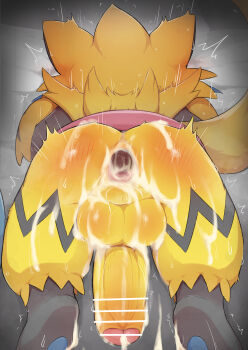 1boy absurdres after_anal aftersex anus ass bar_censor body_fur censored cum cum_in_ass cum_on_ass cum_on_body cum_on_lower_body cum_on_penis cumdrip facing_away foreskin from_behind gaping gaping_anus gen_7_pokemon highres legendary_pokemon male_focus mythical_pokemon nintendo penis pokemon pokemon_(creature) solo sweat testicles trembling yellow_fur yousan_(pixiv540898) zeraora
