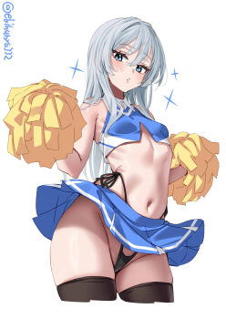 1girl alternate_costume artist_name bare_shoulders black_panties black_thighhighs blue_eyes blue_shirt blue_skirt blush breasts cheerleader commentary_request crop_top cropped_legs cropped_shirt ebifurya grey_hair hair_between_eyes hair_intakes hibiki_(kancolle) highleg highleg_panties highres holding holding_pom_poms kantai_collection long_hair looking_at_viewer navel one-hour_drawing_challenge panties parted_lips pleated_skirt pom_pom_(cheerleading) pom_poms shirt side-tie_panties simple_background skirt small_breasts solo sparkle sparkling_aura stomach thighhighs thighs twitter_username underwear very_long_hair white_background