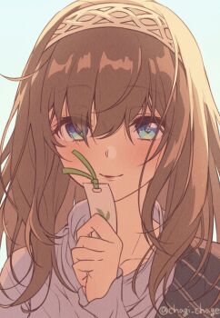 1girl blue_eyes blush brown_hair chagi_chage commentary_request hair_over_eyes hairband highres idolmaster idolmaster_cinderella_girls long_hair looking_at_viewer sagisawa_fumika smile solo sweater tanzaku upper_body