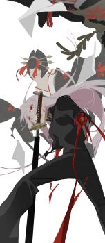 12daze 1boy 1girl absurdres amputee black_pants black_shirt blood bone collared_shirt double_amputee faceless faceless_female floating_clothes floating_hair geisha hair_ornament hairpin highres hiruhiko_(kagurabachi) japanese_clothes kagurabachi kanzashi kimono kumeyuri_(sword) male_focus mark_under_eye multiple_hairpins nihongami pants paper pink_hair red_eyes sheath shirt solo_focus standing tassel tassel_hair_ornament teeth tsuba_(guard) unsheathing weapon_in_mouth white_background