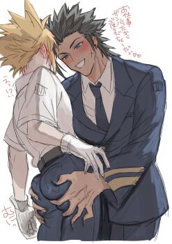 2boys black_hair black_jacket black_necktie black_pants blonde_hair blue_eyes blush cloud_strife collared_shirt commentary_request cowboy_shot cropped_legs cross_scar facial_scar final_fantasy final_fantasy_vii gloves groping hair_slicked_back hands_on_another's_ass highres jacket looking_at_another male_focus medium_hair multiple_boys necktie none_(kameko227) official_alternate_costume pants parted_lips scar scar_on_cheek scar_on_face shirt short_hair sideburns sketch smile spiked_hair suit_jacket teeth veins veiny_hands white_background white_gloves white_shirt yaoi zack_fair