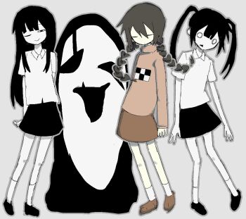 3girls arms_behind_back black_hair black_skirt braid brown_hair closed_eyes closed_mouth collared_shirt grey_background long_hair madotsuki monoe monoko multiple_girls o_o one_eye_closed pink_sweater red_skirt shirt shoes simple_background skirt smile socks sweater toochi_(tochiko0214) triangle_mouth twin_braids twintails uboa white_socks yume_nikki