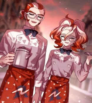 1boy 1girl apron black_bow black_bowtie blonde_hair blurry blurry_background bow bowtie closed_eyes commentary_request eyelashes glasses griselle_(pokemon) grisham_(pokemon) hayochi holding holding_kettle holding_plate kettle long_sleeves medium_hair multicolored_hair nintendo open_mouth plate pokemon pokemon_legends:_z-a ponytail red_apron red_bow red_bowtie red_hair shirt short_hair short_ponytail smile teeth two-tone_hair upper_teeth_only white-framed_eyewear white_shirt