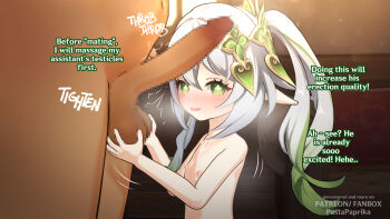 1boy 1girl 3d arms_up blender_(medium) blush caressing_testicles censored dark-skinned_male dark_skin dialogue_box english_text fat fat_man flat_chest genshin_impact gradient_hair green_eyes hetero highres indoors loli looking_at_viewer mihoyo mosaic_censoring multicolored_hair nahida_(genshin_impact) nude older_male_and_younger_female pastapaprika peace_symbol penis penis_on_face penis_out self-upload side_ponytail size_difference solo_focus standing steam testicle_grab testicles text_focus trembling white_hair