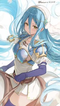 1girl armor azura_(fire_emblem) azura_(lady_of_the_sky)_(fire_emblem) blue_hair blush double-parted_bangs dress elbow_gloves fingerless_gloves fire_emblem fire_emblem_fates fire_emblem_heroes gloves hair_between_eyes haru_(nakajou-28) headdress highres holding holding_reins horseback_riding long_hair looking_at_viewer nintendo official_alternate_costume pauldrons purple_gloves reins riding short_sleeves shoulder_armor simple_background solo twitter_username very_long_hair white_background white_dress yellow_eyes