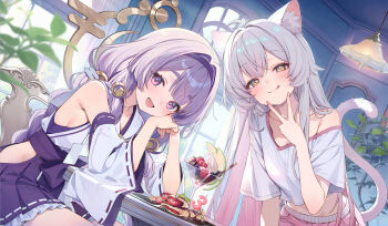 2girls :q animal_ear_fluff animal_ears blurry blurry_foreground breasts cat_ears cat_girl cat_tail chair character_request clothing_cutout commentary_request crop_top detached_sleeves food fruit gradient_hair grey_hair hair_intakes head_tilt hip_vent indoors lamp long_hair looking_at_viewer medium_breasts multicolored_hair multiple_girls nontraditional_miko open_mouth parfait pink_hair pink_shorts plant purple_eyes purple_hair purple_skirt shirokitsune shirt shorts sideboob skirt smile table tail tongue tongue_out trickcal v v_over_mouth very_long_hair white_shirt window yellow_eyes