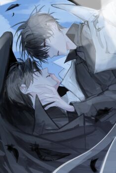 Rule 34 | 2boys, black coat, black hair, black shirt, closed eyes, coat, collared shirt, falling feathers, feathers, hand on another's face, hayu beck, highres, kim dokja, looking at another, male focus, multiple boys, omniscient reader's viewpoint, open clothes, open coat, shirt, short hair, upper body, white coat, yoo joonghyuk