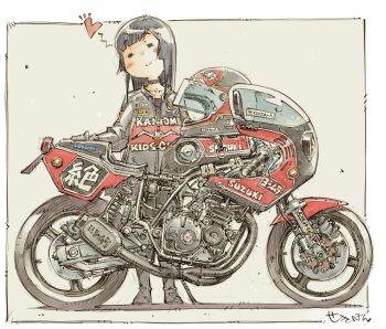Rule 34 | 1girl, = =, absurdres, arai claire, arm at side, asymmetrical bangs, biker clothes, bikesuit, black boots, black choker, black gloves, black hair, black helmet, black jacket, black shirt, blunt bangs, blunt sidelocks, blush, blush stickers, bodysuit, boots, border, choker, closed eyes, closed mouth, clothes writing, collarbone, collared jacket, eyebrows hidden by hair, facing viewer, flat chest, gloves, grey background, hand up, happy, head tilt, heart, helmet, highres, invisible floor, jacket, leather, leather gloves, leather jacket, logo, logo print, long hair, long sidelocks, long sleeves, motor vehicle, motorcycle, motorcycle helmet, multicolored jacket, parted bangs, partially unzipped, patch, print jacket, raised eyebrows, red helmet, red jacket, sekihan, shadow, shirt, shoulder patch, sidelocks, signature, smile, solo, standing, straight hair, striped blush, suzuki (company), two-tone helmet, two-tone jacket, unworn headwear, unworn helmet, vehicle focus, vehicle request, visor lift, white background, white border, zesshaka! shiritsu yotsuwa joshi gakuin zetsumetsu kigu-sha gakka