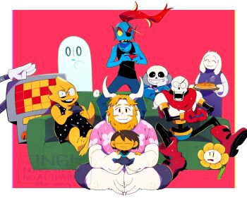 1other 3boys 3girls =_= ? ^_^ alphys asgore_dreemurr beard black_dress black_tank_top blonde_hair blue_skin boots border closed_eyes colored_skin controller couch dress eyepatch facial_hair fins flower flowey_(undertale) food frisk_(undertale) full_body furry furry_female furry_male ghost gloves group_picture head_fins highres holding holding_controller kanianoreki mettaton multiple_boys multiple_girls napstablook on_couch open_mouth outside_border papyrus_(undertale) pie pink_background pink_shirt playing_games red_boots red_gloves red_hair sans_(undertale) shirt sitting sitting_on_lap sitting_on_person spoken_question_mark standing tank_top toriel undertale undyne utdr_(toby_fox) white_border yellow_skin