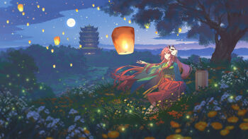 Rule 34 | 1girl, absurdres, alternate costume, architecture, banjie, breasts, building, chinese commentary, cloud, commentary request, east asian architecture, evening, fireflies, flower, fox mask, full moon, green kimono, hakama, hakama skirt, hata no kokoro, highres, japanese clothes, kimono, lantern, long hair, mask, mask on head, medium breasts, moon, open mouth, orange flower, outdoors, paper lantern, pink eyes, pink hair, red hakama, skirt, sky lantern, touhou, tree, very long hair, white flower