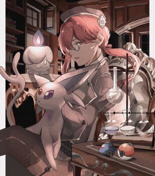 1girl blue_fire colored_sclera commission espeon fire forehead_jewel forked_tail gem gen_2_pokemon gen_5_pokemon glasses hat highres litwick low_ponytail nintendo off_shoulder outside_border pink_hair poke_ball pokemon pokemon_(creature) ponytail potion purple_sclera red_gemstone reo_(mmocc123) sitting skeb_commission tail