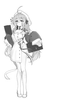 1girl ahoge apron azur_lane bag breasts cleavage clipboard commentary_request full_body greyscale hands_up hat high_heels highres holding holding_bag holding_clipboard large_breasts long_hair looking_at_viewer low_twintails monochrome nurse_cap pantyhose sachiko_(54knot_kokeshi) shoes simple_background sleeves_past_fingers sleeves_past_wrists solo standing torn_clothes torn_pantyhose twintails ugolino_vivaldi_(azur_lane) very_long_hair white_background white_pantyhose