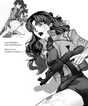 Rule 34 | 1girl, absurdres, blood, cross, cross necklace, fx861208, gun, highres, holding, holding gun, holding weapon, jacket, jewelry, katsuragi misato, long hair, monochrome, necklace, neon genesis evangelion, open clothes, open jacket, photo-referenced, weapon