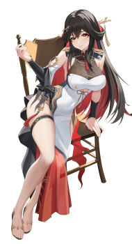 1girl a_san_san absurdres aether_gazer armpit_crease black_collar black_hair black_sleeves breasts chair chinese_commentary cleavage collar colored_inner_hair commentary_request covered_navel detached_sleeves dress hair_between_eyes hair_ornament hand_up highres large_breasts legs_together lingguang_(aether_gazer) long_hair looking_at_viewer multicolored_eyes multicolored_hair on_chair orange_eyes pelvic_curtain red_eyes red_hair see-through_cleavage see-through_clothes simple_background sitting skindentation smile solo thigh_strap two-tone_eyes white_background white_dress white_sleeves