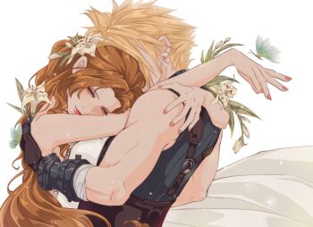 1boy 1girl absurdres aerith_gainsborough aerith_gainsborough_(white_floral_dress) arm_around_back armored_gloves bandaged_arm bandages bare_shoulders belt blonde_hair breasts brown_belt brown_hair bug butterfly closed_mouth cloud_strife couple derivative_work dress earrings final_fantasy final_fantasy_vii final_fantasy_vii_rebirth final_fantasy_vii_remake flower freckles gold_trim green_eyes hair_flower hair_ornament half-closed_eyes hand_on_another&#039;s_shoulder hetero highres hug insect jewelry light_blush lily_(flower) long_dress long_hair medium_breasts muscular muscular_male nail_polish parted_bangs pink_nails shanlieart short_hair sidelocks single_earring sleeveless sleeveless_turtleneck smile spiked_hair strapless strapless_dress suspenders turtleneck upper_body wavy_hair white_background white_dress yellow_flower