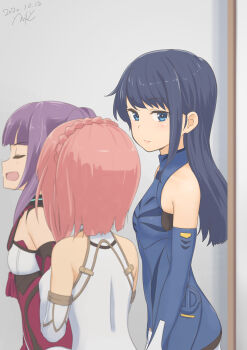 3girls aikawa_aika alice_gear_aegis blue_eyes blue_hair blue_jacket blue_sleeves braid closed_mouth commentary_request dated detached_sleeves errant closed_eyes highres ichijou_ayaka jacket koashi_mutsumi multiple_girls open_mouth pink_hair purple_hair red_jacket red_sleeves signature sleeveless smile white_jacket white_sleeves