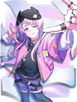1girl absurdres animal_ears anon_tokyo_(bang_dream!) bang_dream! bang_dream!_it&#039;s_mygo!!!!! belt black_belt black_hat blue_pants blush chihaya_anon chinese_commentary commentary_request earrings fang glint grey_eyes hair_ornament hairclip hat hero45439083942 highres jacket jewelry long_hair looking_at_viewer multiple_rings one_eye_closed open_clothes open_jacket pants pink_hair pink_jacket ring skin_fang solo