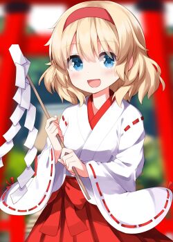 1girl :d alice_margatroid blonde_hair blue_eyes blush commentary cowboy_shot dot_nose gohei hair_between_eyes hairband hakama hakama_skirt highres holding holding_gohei japanese_clothes kimono long_sleeves looking_at_viewer miko open_mouth red_hairband red_hakama ribbon-trimmed_sleeves ribbon_trim ruu_(tksymkw) short_hair skirt smile solo torii touhou white_kimono wide_sleeves