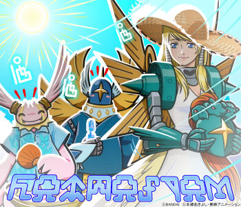 Rule 34 | 1girl, 2boys, alternate costume, angel, blonde hair, blue eyes, blue helmet, blue shirt, breasts, cherubimon, cherubimon (virtue), cleavage, cowboy shot, digimoji, digimon, digimon (creature), dress, green helmet, helmet, holding, holding unworn helmet, long hair, mole, mole under eye, multiple boys, ofanimon, official art, partially translated, seraphim (one piece), seraphimon, shirt, sun, sunlight, translation request, unworn headwear, unworn helmet, white dress