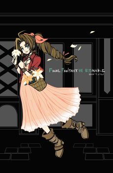 1girl aerith_gainsborough ahoge basket boots braid braided_ponytail breasts brown_boots brown_hair choker cleavage cobblestone commentary_request copyright_name cropped_jacket dress falling_petals final_fantasy final_fantasy_vii final_fantasy_vii_remake flower flower_basket flower_choker full_body gold_bangle green_eyes hair_ribbon highres holding holding_basket holding_flower jacket lily_(flower) long_dress long_hair looking_at_viewer medium_breasts miri_(mirik) parted_bangs parted_lips petals pink_dress pink_ribbon red_jacket ribbon sidelocks single_braid smile solo twitter_username