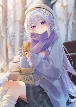 1girl bag bare_tree bench beret black_skirt blue_coat blurry blurry_background blush closed_mouth coat commentary day feet_out_of_frame flower food grey_skirt hair_between_eyes hair_flower hair_ornament hat highres holding holding_food ine_(vtuber) jacket long_hair long_sleeves looking_at_viewer on_bench outdoors paper_bag plaid_clothes plaid_skirt pleated_skirt purple_eyes purple_scarf s0104y scarf sidelocks sitting skirt sleeves_past_wrists snow snowing socks solo sweater taiyaki tree twitter_username very_long_hair virtual_youtuber wagashi waktaverse white_flower white_hair white_hat white_socks winter winter_clothes winter_coat