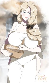 1girl apron artist_logo artist_name baking black_bow blonde_hair blue_eyes blurry blurry_background blush bow bowl breasts cleavage collarbone commentary cooking covered_groin cowboy_shot fire_emblem fire_emblem:_three_houses hair_bow hair_over_shoulder highres holding holding_bowl holding_spoon large_breasts light_smile lipstick logo long_hair looking_at_viewer makeup mature_female mercedes_von_martritz mixing_bowl naked_apron nintendo pale_skin parted_lips ponytail r3dfive smile solo spoon standing striped_bow thick_thighs thighs white_apron