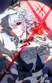 Rule 34 | 1girl, absurdres, arm up, blue dress, bow, chain, closed mouth, collared shirt, commentary request, dress, gloves, grey hair, hair bow, half mask, hand up, highres, holding, holding knife, holding pocket watch, izayoi sakuya, knife, looking at viewer, maid, maid headdress, mask, masquerade mask, neck ribbon, pocket watch, red bow, red eyes, red ribbon, ribbon, shirt, shirt under dress, smile, solo, strapless, strapless dress, touhou, ululumuu, watch, watermark, white gloves, white shirt