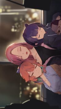 2others 3girls absurdres black_jacket black_shirt blurry blurry_background blush bokeh breasts bubba_(watson_amelia) closed_eyes closed_mouth collarbone commentary depth_of_field earrings ebi-chan_(gawr_gura) english_commentary feather_earrings feathers forehead green_hair highres hololive hololive_english jacket jewelry long_hair long_sleeves mole mole_under_eye mori_calliope multiple_girls multiple_others namiorii night ninomae_ina&#039;nis open_mouth orange_hair pink_hair purple_hair shirt sleeping sleeves_past_wrists takanashi_kiara train_interior virtual_youtuber white_shirt