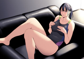 1girl black_eyes black_hair black_one-piece_swimsuit breasts cleavage collarbone commentary_request competition_swimsuit couch covered_navel hands_on_own_chest highres huge_breasts one-piece_swimsuit original ponytail sidelocks sitting solo swimsuit tamagou