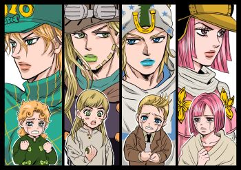 1girl 3boys aged_down animal beanie blonde_hair blue_eyes blue_lips blunt_bangs blunt_ends bow brown_eyes clenched_hands clenched_teeth crying diego_brando dual_persona facial_hair goggles goggles_on_headwear green_eyes green_lips gyro_zeppeli hat highres holding holding_animal hot_pants_(sbr) jacket johnny_joestar jojo_no_kimyou_na_bouken kota111519 long_hair long_sleeves mouse_(animal) multiple_boys open_mouth parted_lips pink_hair scarf shirt_bow short_hair steel_ball_(jojo) steel_ball_run sweater tears teeth turtleneck