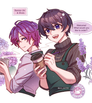 2boys apron barista black_hair black_sweater coffee_pot cup disposable_cup earrings flower green_apron highres holding holding_cup holding_marker indie_virtual_youtuber jewelry long_sleeves looking_at_viewer male_focus marker mole mole_on_neck multiple_boys nijisanji nijisanji_en purple_eyes purple_hair short_hair shoto_(vtuber) smile sweater uki_violeta virtual_youtuber wisteria yue_yue1102